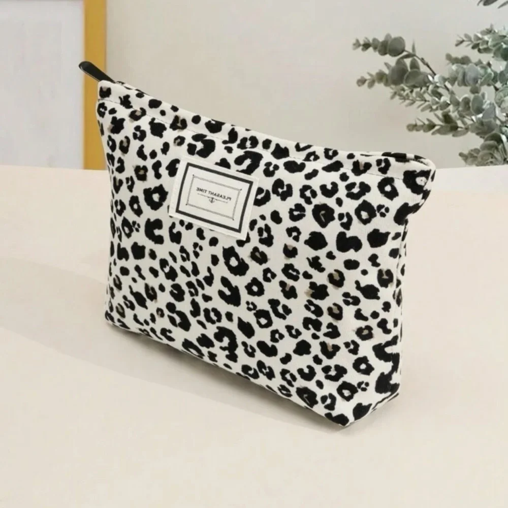 White Leopard Print Cosmetic Bag Chic Travel Pencil Pouch Makeup Bag